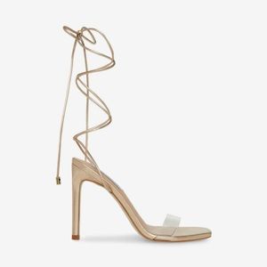 Gold and clear Steve Madden 4.25 in wrap around heal sandal